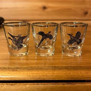 Vintage 1960s 3 Gamebird Silver Rimmed Shot Glasses - Grouse Pheasant Canvasback